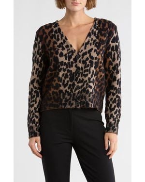 DKNY Long Sleeve Leopard V-Neck Cardigan - Black