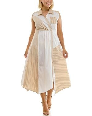 Nicole Miller Stripe Pleated Asymmetric Maxi Dress - Natural