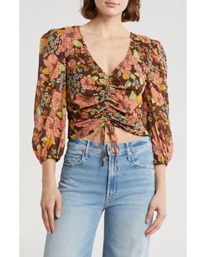 Mother Floral Ruched Three-Quarter Sleeve Top - Blue
