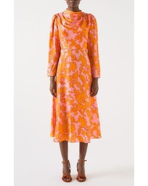 LK Bennett Samantha Floral Print Long Sleeve Midi Dress - Orange