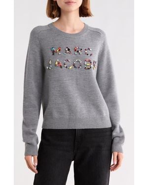 Marc Jacobs Gem Logo Merino Wool Knit Crewneck Top - Gray