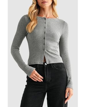 Lush Long Sleeve Button Front Crop Top - Gray