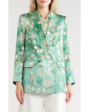L'Agence Taryn Floral Double Breasted Silk Blazer - Green