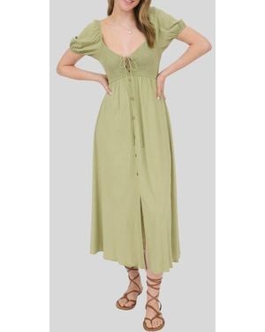 Blu Pepper Puff Sleeve Smocked Midi Dress - Green