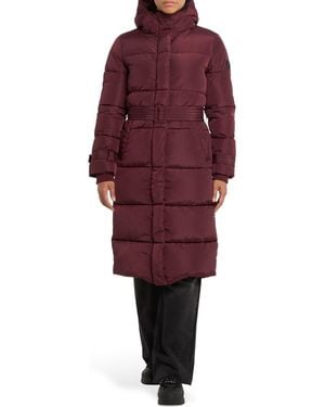 Noize Mara Belted Maxi Puffer Coat With Removable Hood - Red