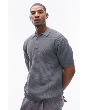 TOPMAN Textured Panel Cotton Polo Sweater - Gray