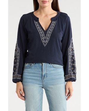 NIC+ZOE Solstice Embroidered Cotton Blouse - Blue