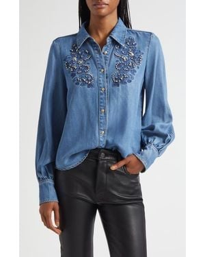 Cinq À Sept Rhinestone Detail Denim Button-Up Shirt - Blue