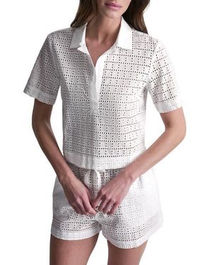 DKNY Short Sleeve Eyelet Johnny Collar Top - Gray