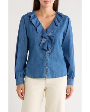 TROVE NEW YORK Ruffled Cotton Denim Shirt - Blue