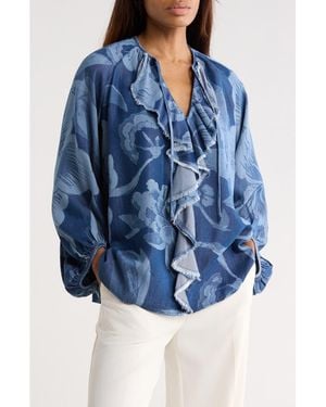 Diane von Furstenberg Nicky Floral Balloon Sleeve Chambray Top - Blue