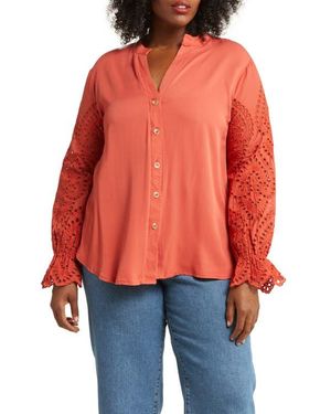 Forgotten Grace Embroidered Eyelet Long Sleeve Button-Up Shirt - Orange
