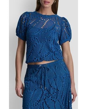 DKNY Leaf Open Stitch Cotton Blend Knit Top - Blue