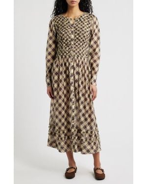 Damson Madder Posey Smocked Long Sleeve Midi Dress - Natural