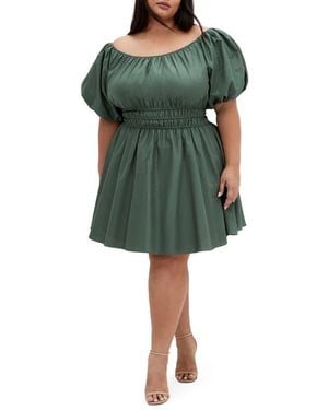 City Chic Lillian Puff Sleeve Cotton Fit & Flare Dress - Green