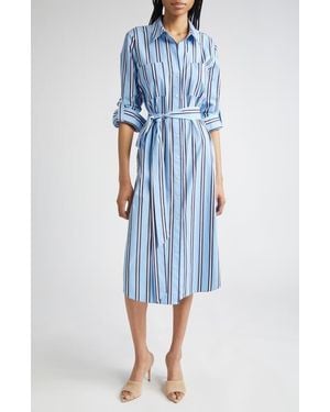 L'Agence Jubilee Stripe Belted Long Sleeve Cotton Shirtdress - Blue