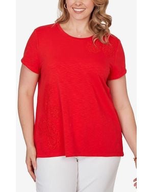 Ruby Rd. Floral Crochet Jersey Top - Red