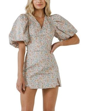 Endless Rose Floral Print Puff Sleeve Crop Top - White