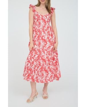 AUGUST SKY Ruffle Strap Empire Waist Midi Dress - Red