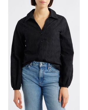 Bobeau Embroidered Eyelet Cotton Button-Up Shirt - Black