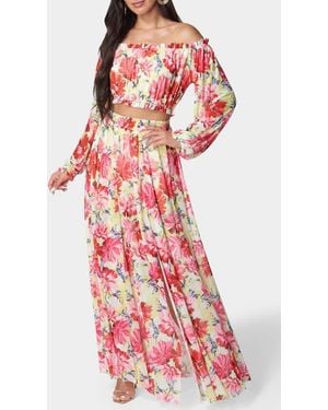 Bebe Long Sleeve Crop Top & Maxi Skirt Set - Red