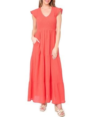 Gibsonlook Flutter Sleeve Cotton Gauze Maxi Dress - Red