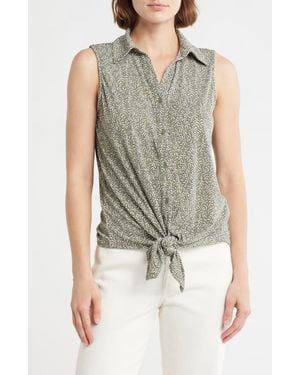 Adrianna Papell Tie Hem Button-Up Shirt - Gray