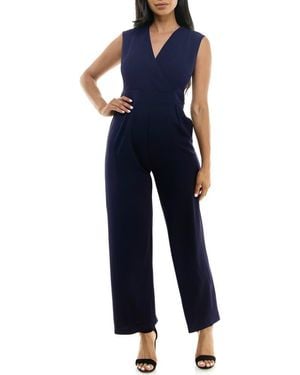 Nina Leonard Surplice V-Neck Wide Leg Jumpsuit - Blue