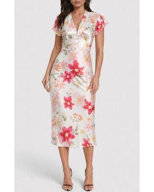 Bebe Satin V-Neck Midi Dress - Red