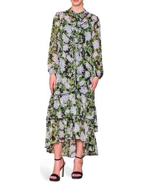 MELLODAY Long Sleeve Ruffle Chiffon Dress - Green