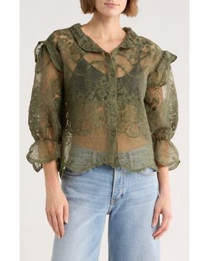 Forgotten Grace Victorian Lace Button-Up Shirt - Green