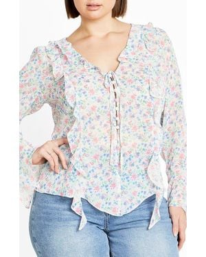 City Chic Lidia Floral Ruffle Long Sleeve Chiffon Top - White