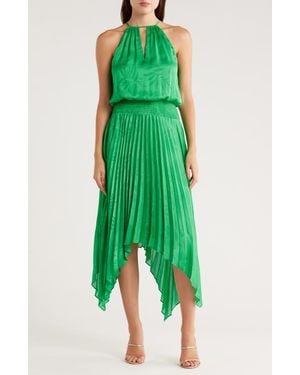 Ramy Brook Gia Palm Print Metallic Satin Jacquard Handkerchief Hem Dress - Green
