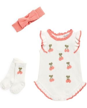 Nicole Miller Berry Embroidered Sweater Romper, Headband & Socks Set - Pink