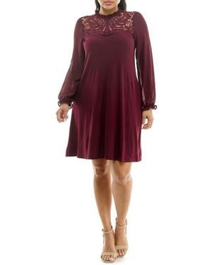 Nina Leonard Lace Yoke Long Sleeve Trapeze Dress - Red