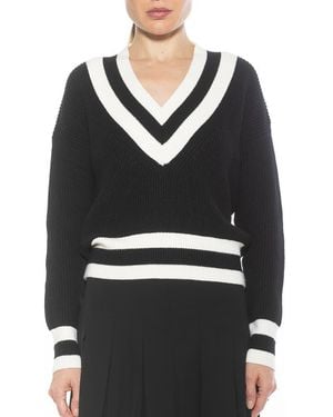 Alexia Admor Leona V-Neck Varsity Polo Sweater - Black