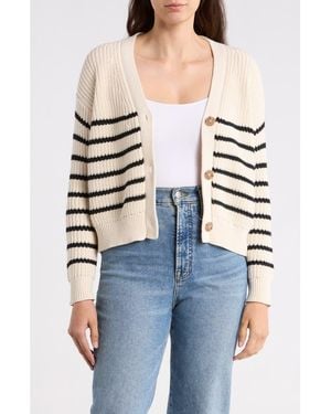 Tahari Stripe V-Neck Cotton Cardigan - Natural