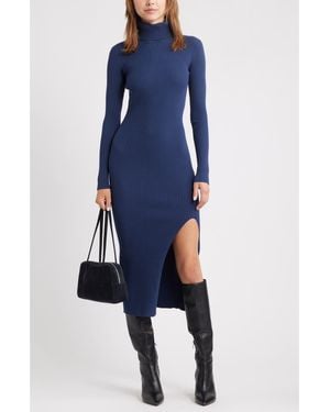 Open Edit Rib Long Sleeve Turtleneck Sweater Dress - Blue