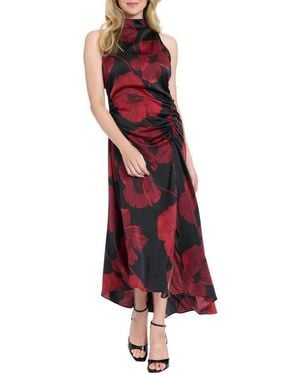 London Times Mock Neck Ruched Asymmetric Dress - Red