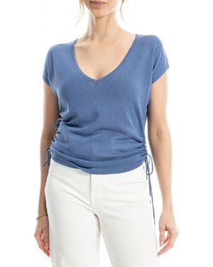 Max Studio Side Ruched Short Sleeve V-Neck Sweater - Blue