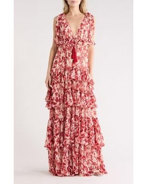 Cinq À Sept Omelia Floral Flutter Sleeve Tiered Chiffon Gown