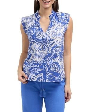 Ellen Tracy Ruffle V-Neck Top - Blue