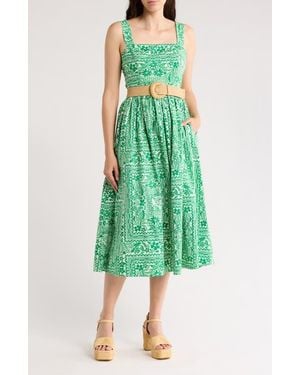 Eliza J Print Belted Sleeveless Midi Dress - Green