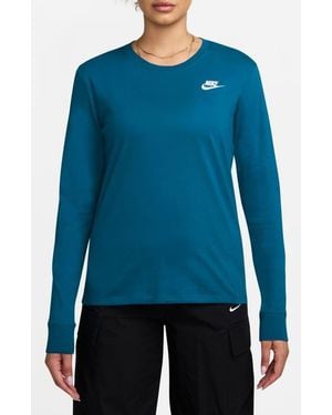Nike Club Logo Cotton Long Sleeve Graphic T-Shirt - Blue