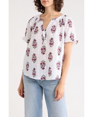 Lucky Brand Floral Eyelet Split Neck Top - White