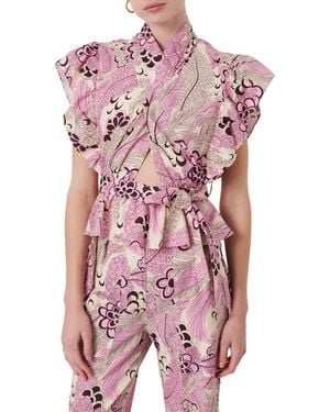 10 Crosby Derek Lam Brynn Floral Ruffle Cutout Linen Blend Top - Purple
