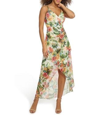 Siena Jewelry Floral Souflee Crepe Faux Wrap Midi Dress - Multicolor