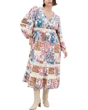 City Chic Florence Floral Long Sleeve Tiered Midi Dress - Blue