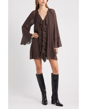 Open Edit Ruffle Chiffon Shift Dress - Brown