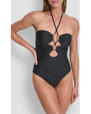DKNY Jeweled Cutout One-Piece Halter Swimsuit - Black